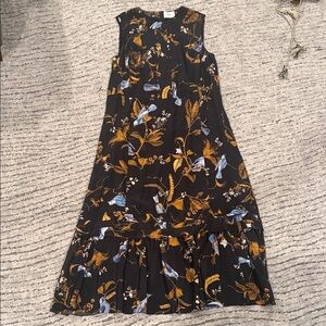 ERDEM Black and Gold Bird Print Midi Dress